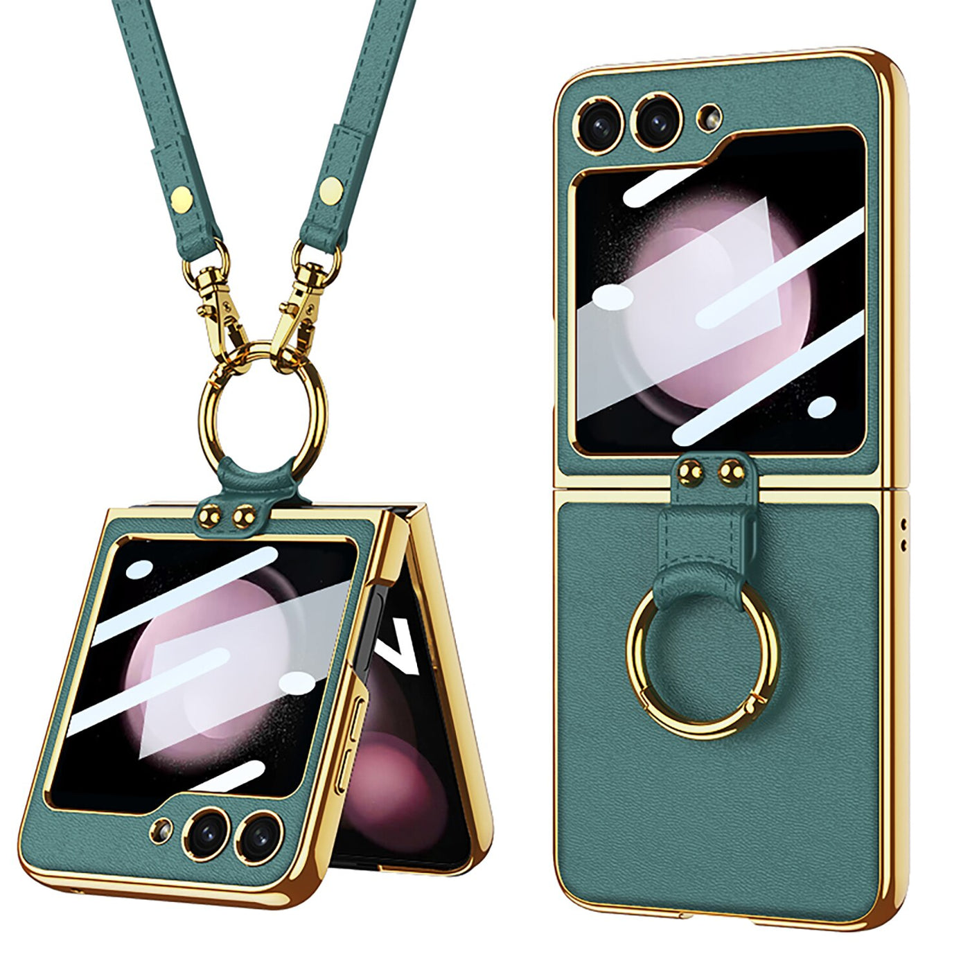 Luxury Leather Case with Ring Holder Lanyard for Samsung Galaxy Z Flip 5