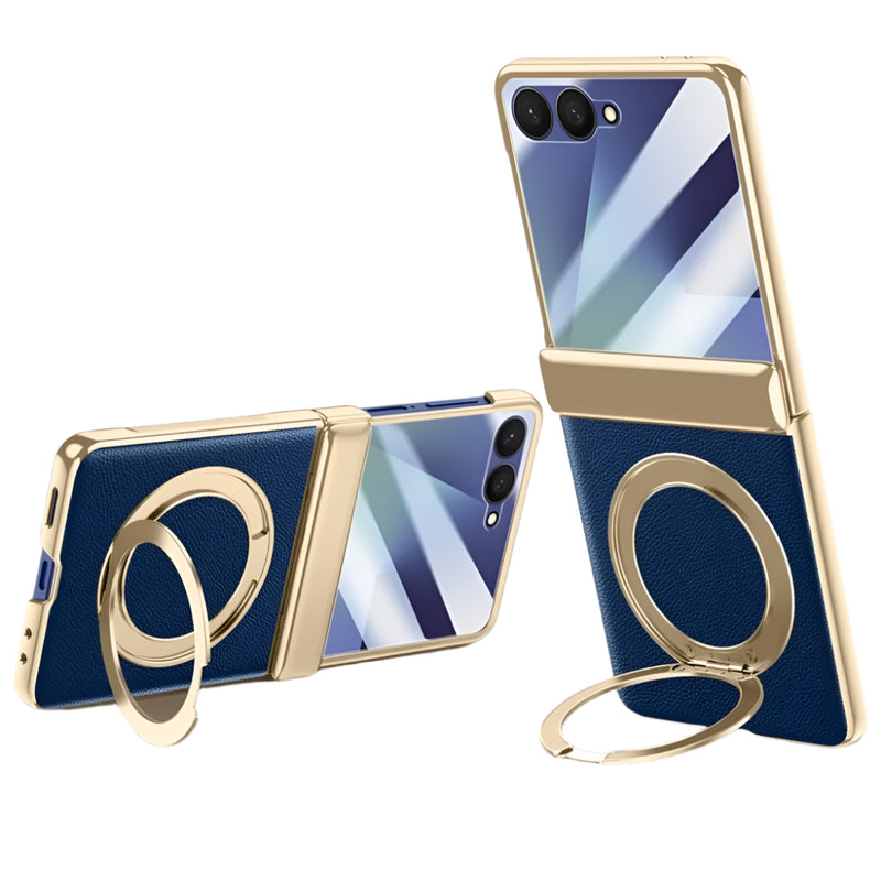 Magnetic Ring Stand Leather Case with Hinge Protection for Samsung Galaxy Z Flip 7