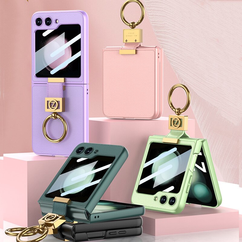 Leather Case with Z Finger Ring and Lens Glass for Samsung Galaxy Z Flip 5