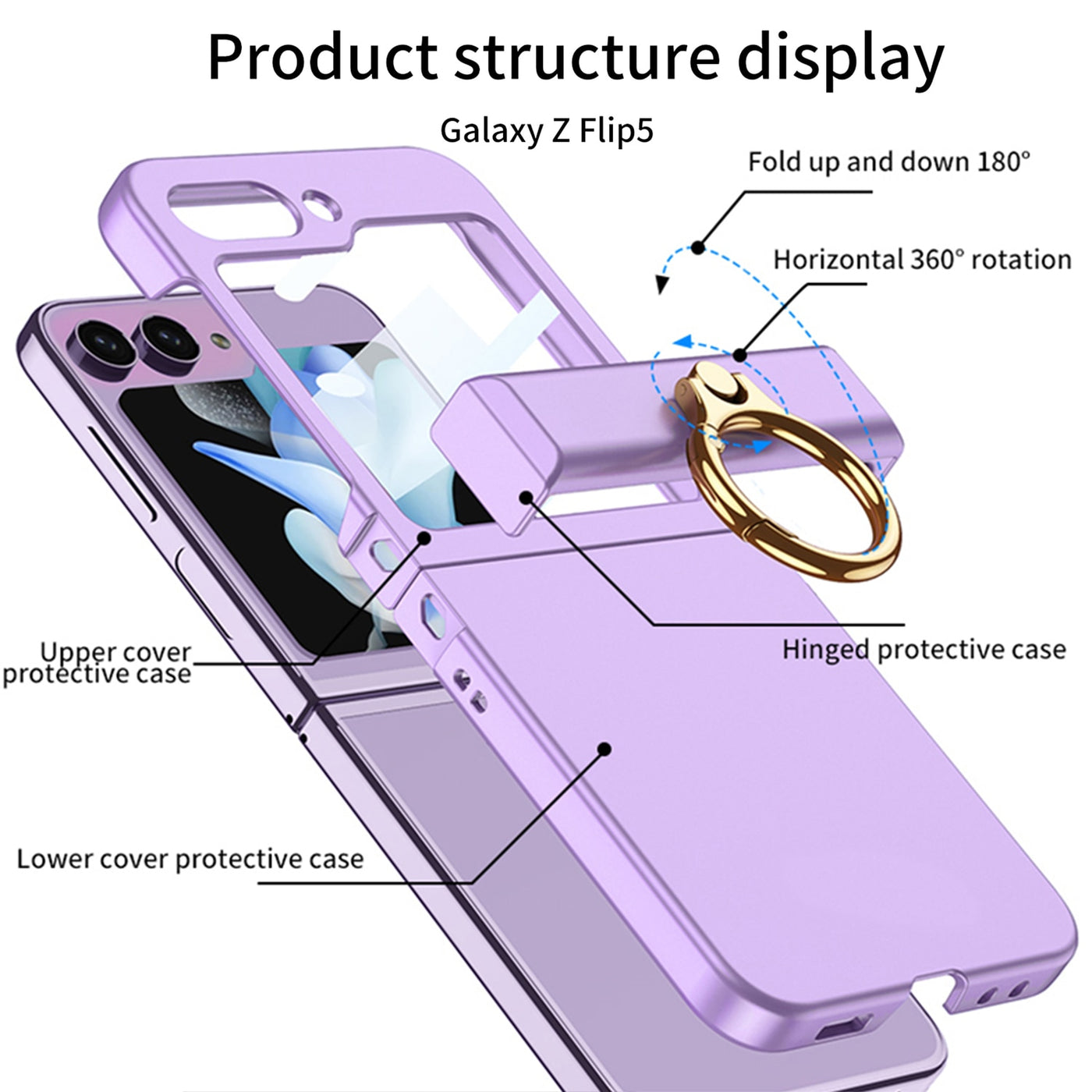 For Samsung Galaxy Z Flip5 GKK Ultra-thin PC Full Coverage Ring Holder  Phone Case with Strap(Purple)