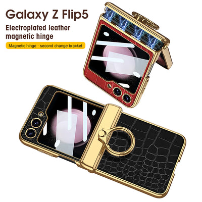 Leather Case With Front Glass & Bracket For Galaxy Z Flip 5