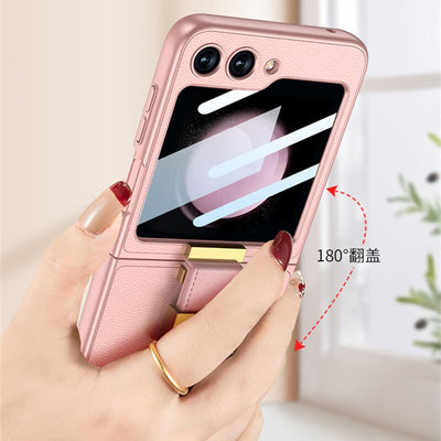Leather Case With Z Finger Ring & Lens Glass for Samsung Galaxy Z Flip 5