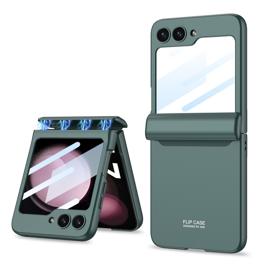 Magnetic Galaxy Z Flip 5 Hinge Full Coverage Phone Case with Front Screen Tempered Glass Protector Green Magnetic Galaxy Z Flip 5 Hinge Full Coverage Phone Case with Front Screen Tempered Glass Protector Green