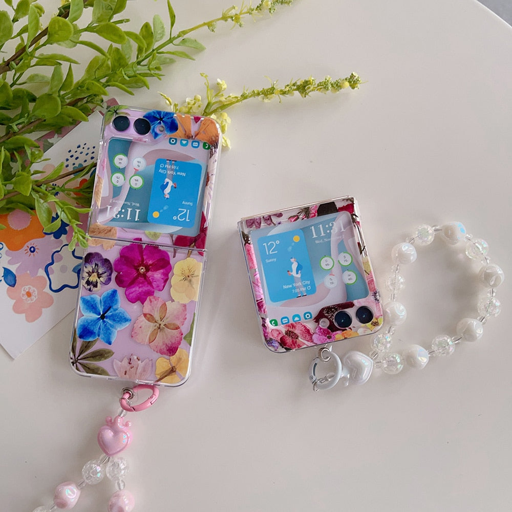 Cute Flowers Painted Case With Bracelet For Samsung Galaxy Z Flip 5