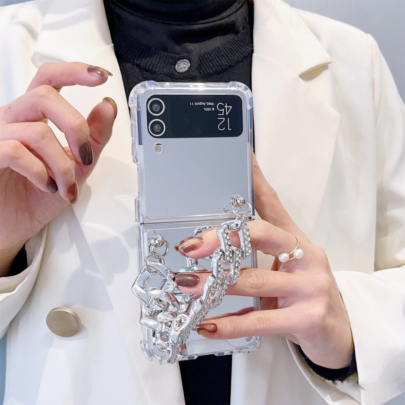 Luxury Mirror Case With Rhinestone Bracelet For Galaxy Z Flip