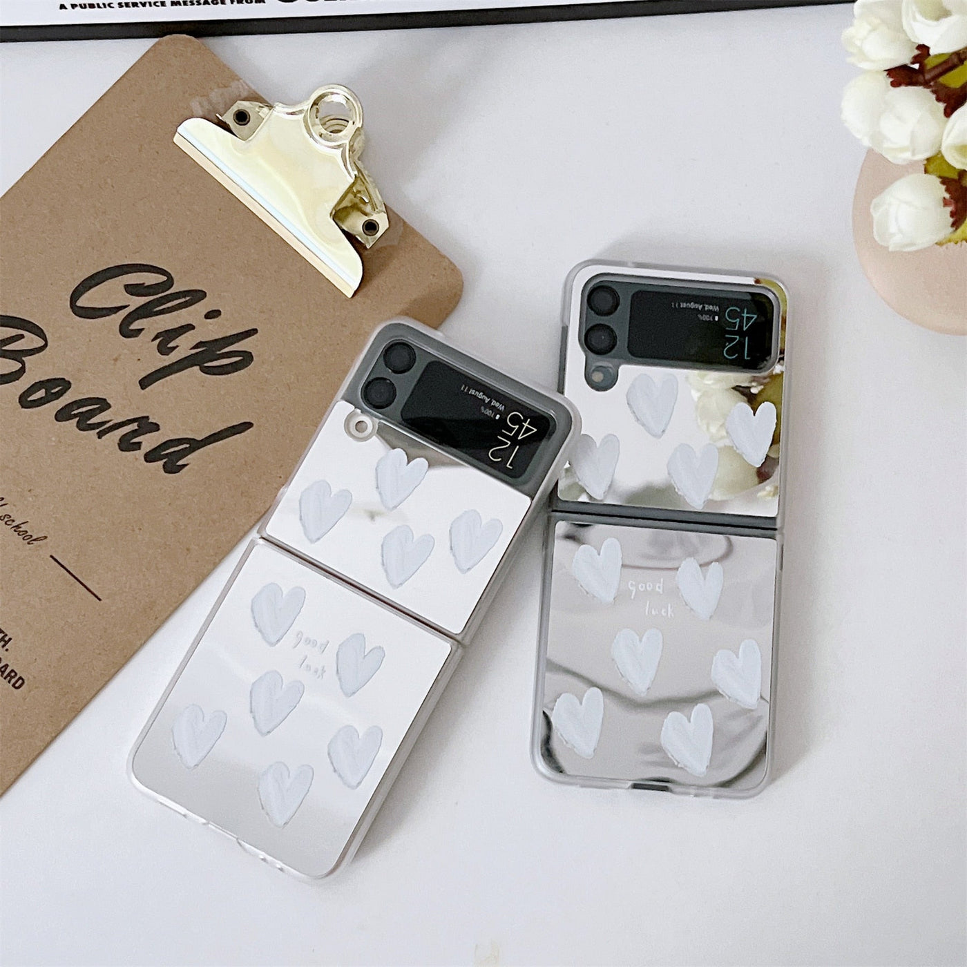 Luxury White Heart Mirror Case for Samsung Galaxy Z Flip 4 - Galaxy Z Flip 4 Case