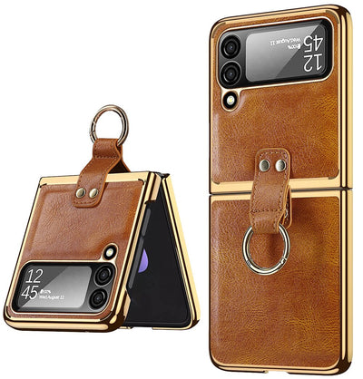 Samsung Galaxy Z Flip 4 Luxury Chrome Plated Fashion Leather Case Cover  With Metal Ring Holder