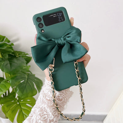 Korean 3D Leather Bow Lanyard Necklace Strap Hard Phone Case For Samsung Galaxy Z Flip 4 - Galaxy Z Flip 4 Case