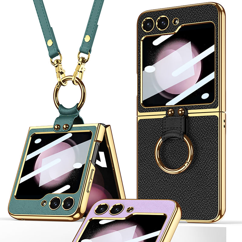 Luxury Leather Case with Ring Holder and Lanyard for Samsung Galaxy Z Flip 5