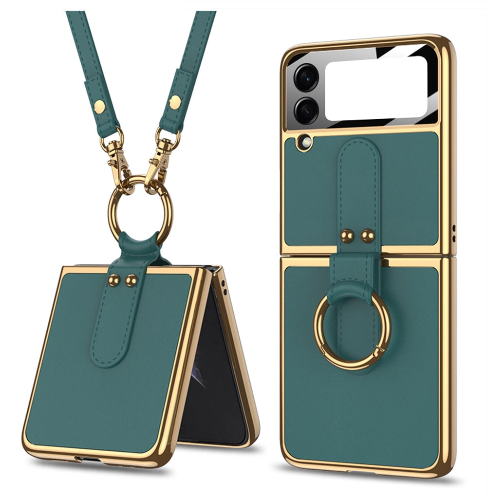 Luxury Leather Back Screen Tempered Glass Hard Frame Cover For Samsung Z Flip 4 5G With Lanyard - Galaxy Z Flip 4 Case