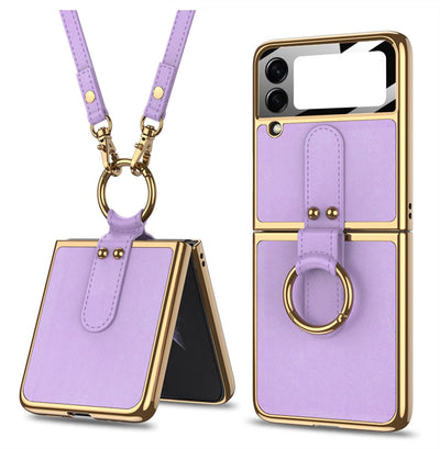 Luxury Leather Back Screen Tempered Glass Hard Frame Cover For Samsung Z Flip 4 5G With Lanyard - Galaxy Z Flip 4 Case