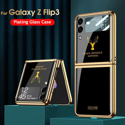 Luxury Deer Pattern Electroplating Tempered Glass Case For Samsung Z Flip 4 5G - Galaxy Z Flip 4 Case