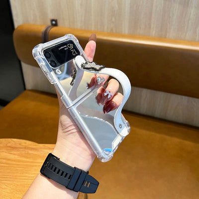 Mirror Case With Leather Wrist Strap Stand For Galaxy Z Flip 4 5G - Galaxy Z Flip 4 Case